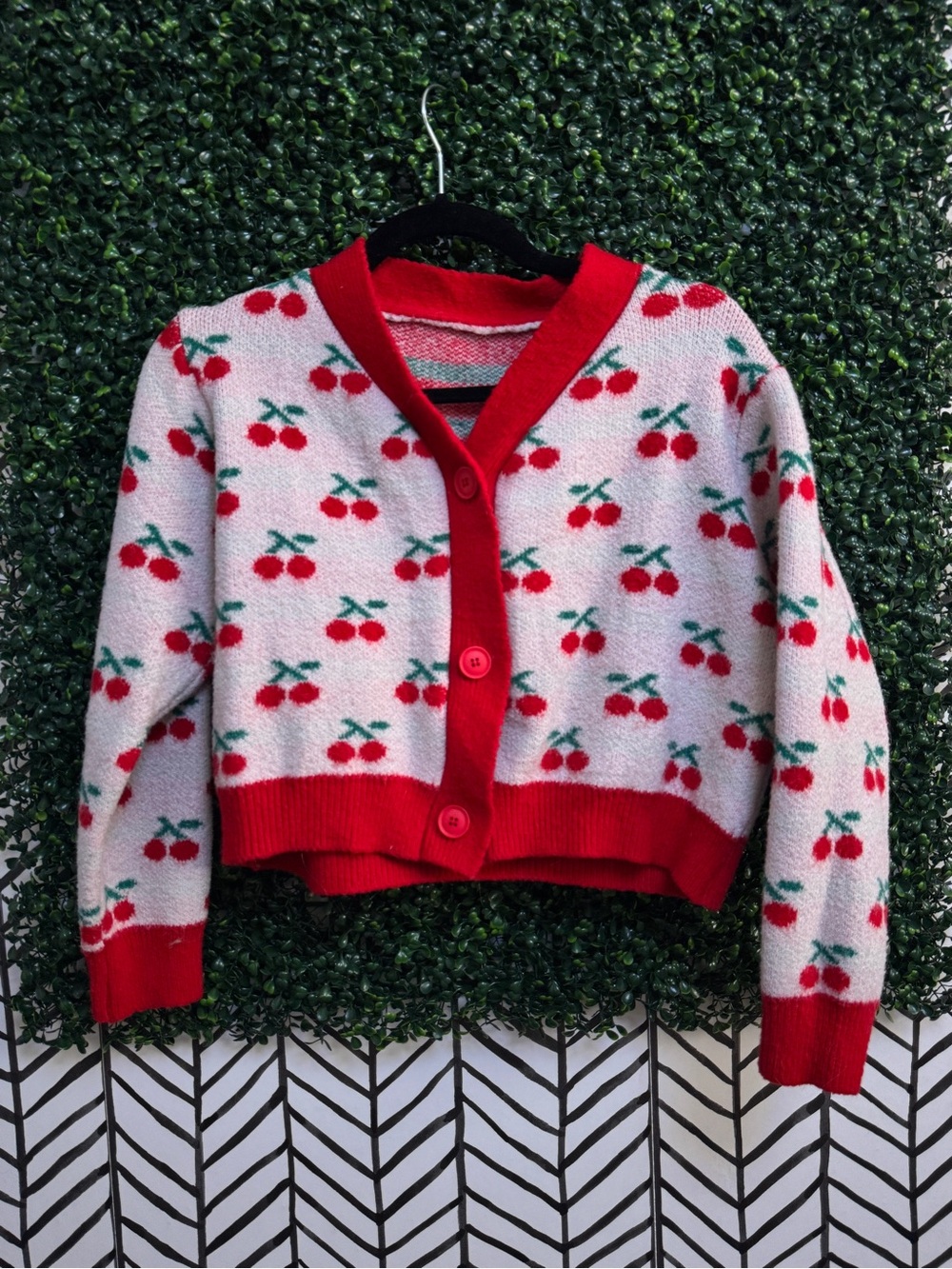 Source Unknown Red Cherry Print Cropped Cardigan
